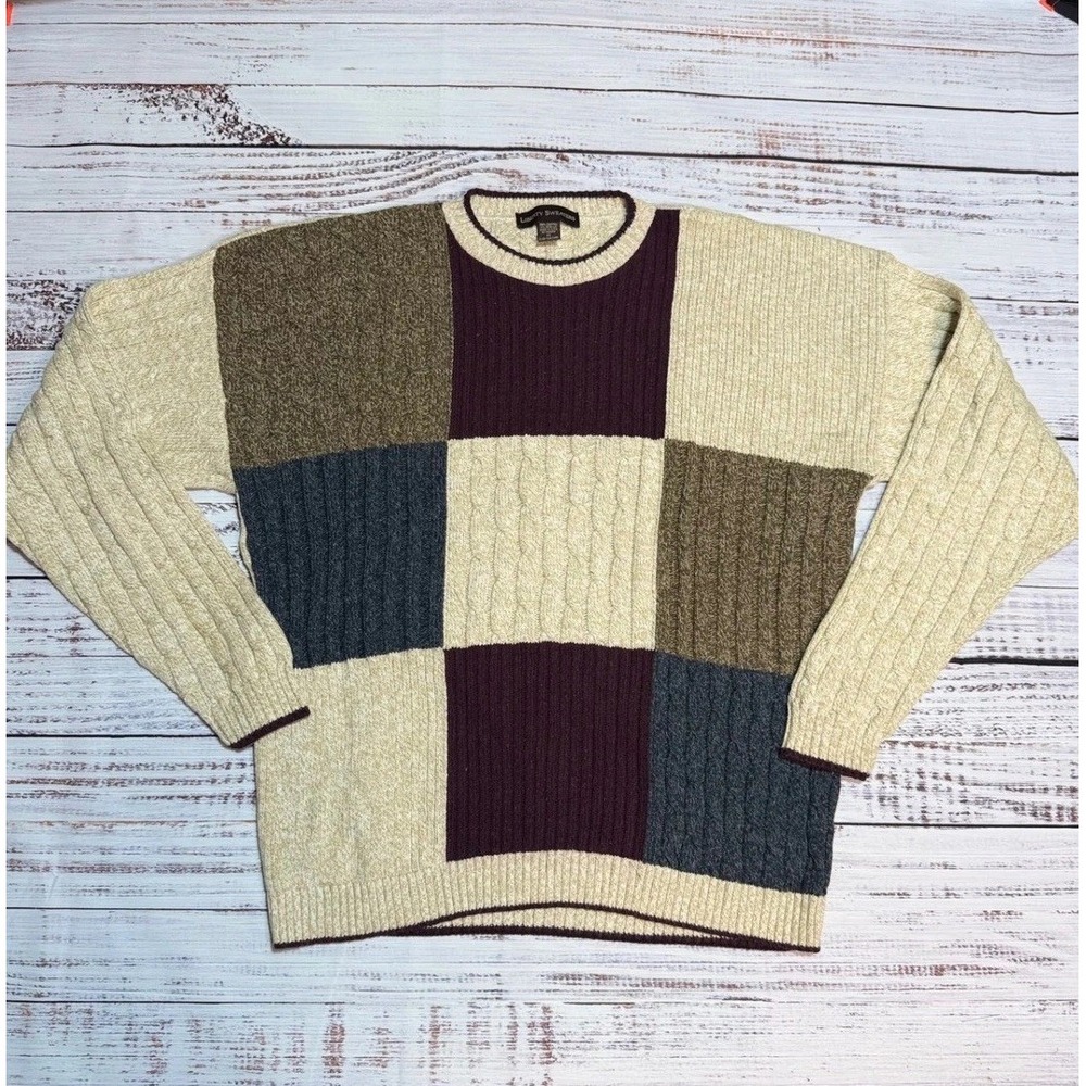 Liberty Sweaters Patchwork Crewneck XL Vintage Cable Knit Cotton Multicolor